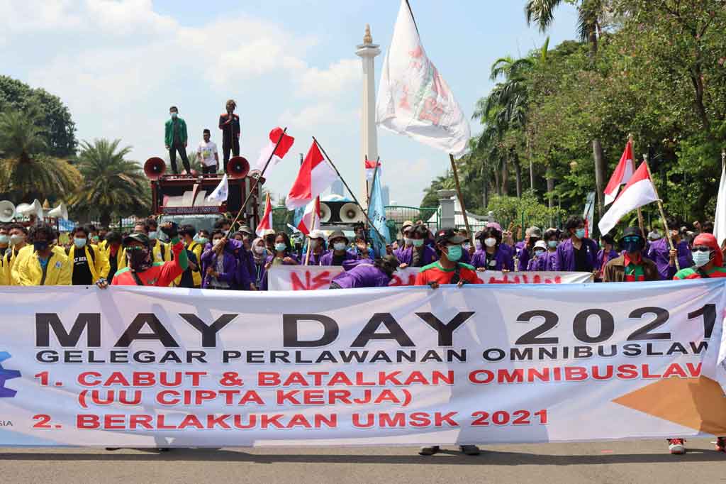 Presiden Konfederasi Serikat Pekerja Indonesia (KSPI) Said Iqbal menyampaikan sejumlah tuntutan salah satunya pencabutan Undang-Undang Cipta Kerja khususnya klaster ketenagakerjaan dalam aksi memperingati Hari Buruh atau May Day 2021.