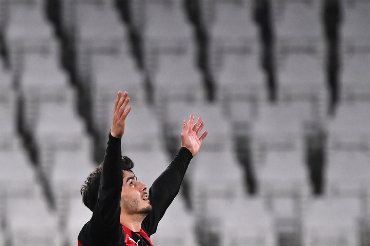 Brahim Diaz melakukan selebrasi usai mencetak gol ke gawang Juventus.