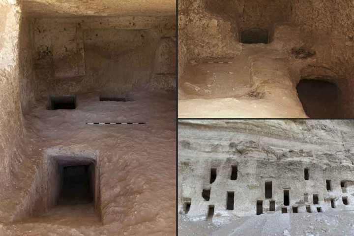 Kombinasi gambar yang disediakan oleh Kementerian Purbakala Mesir pada 11 Mei 2021 ini menunjukkan pemandangan makam yang baru ditemukan di provinsi selatan Sohag, yang berusia sekitar 4.200 tahun. 