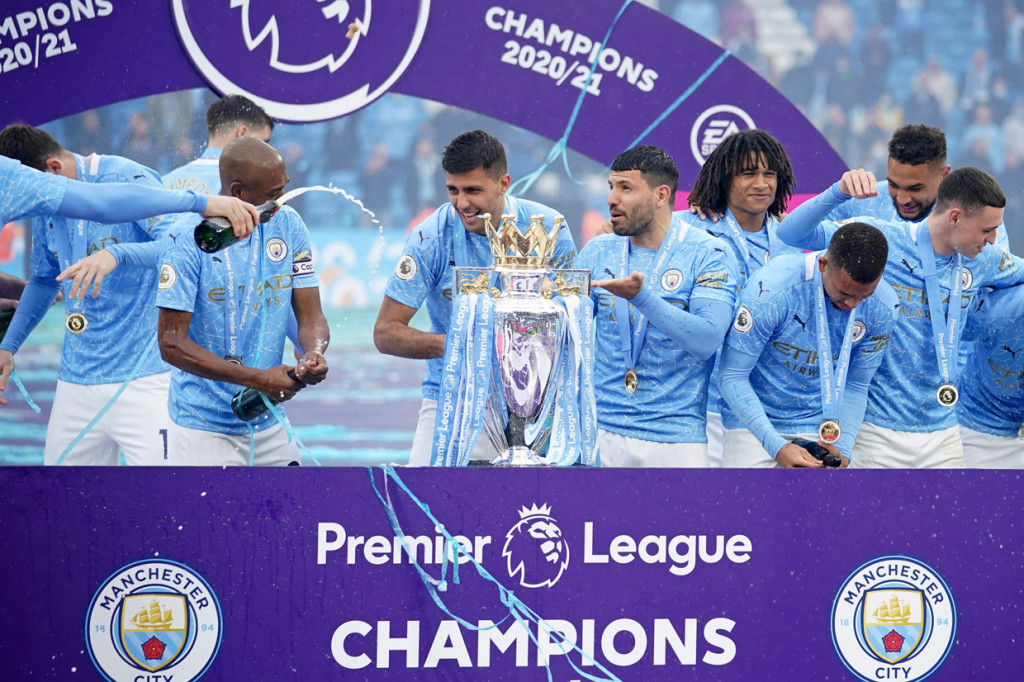 Manchester City merayakan gelar juara Liga Premier Inggris musim 2020/21.