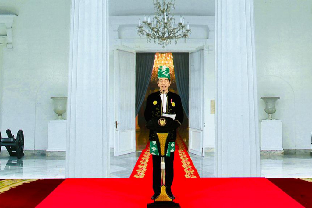 Presiden Joko Widodo saat menjadi inspektur upacara Hari Lahir Pancasila yang dilakukan secara virtual dari Istana Kepresidenan Bogor, Jawa Barat, Selasa, 1 Juni 2021.