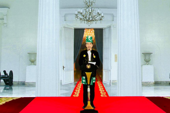 Presiden Joko Widodo saat menjadi inspektur upacara Hari Lahir Pancasila yang dilakukan secara virtual dari Istana Kepresidenan Bogor, Jawa Barat, Selasa, 1 Juni 2021.