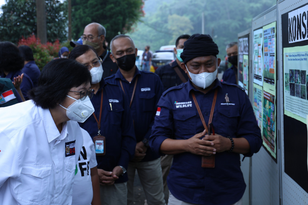 Menteri Lingkungan Hidup dan Kehutanan Siti Nurbaya (baju putih) mendapat penjelasan dari Kepala Balai Taman Nasional Gunung Halimun Salak (TNGHS) Ahmad Munawir (kanan) saat meninjau lokasi pelepasliaran Elang Jawa di Bogor, Jawa Barat.