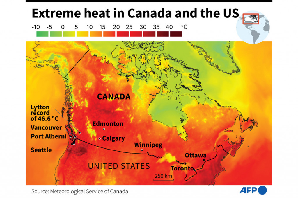 Kubah panas yang menyelimuti wilayah Kanada bagian barat dan wilayah Pasifik Amerika Serikat (AS) bagian barat laut membuat suhu udara melonjak ke level tertinggi.