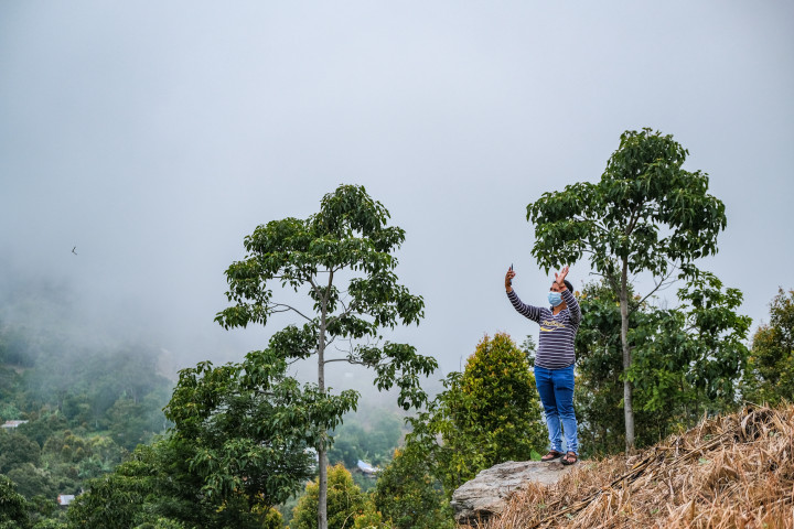 Warga menggunakan gawai di sebuah bukit yang mampu menangkap sinyal internet di Desa Matantimali, Marawola Barat, Kabupaten Sigi, Sulawesi Tengah.