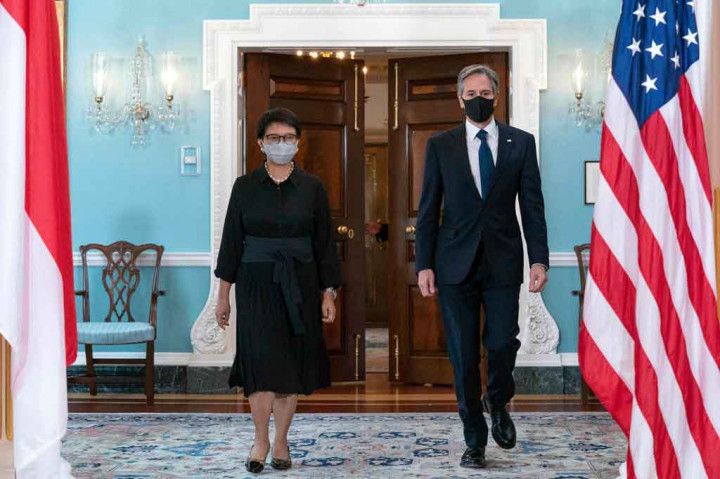 Menteri Luar Negeri Retno Marsudi melakukan pertemuan bilateral dengan Menlu AS Anthony Blinken di Departemen Luar Negeri AS, Washington, Selasa, 3 Agustus 2021.