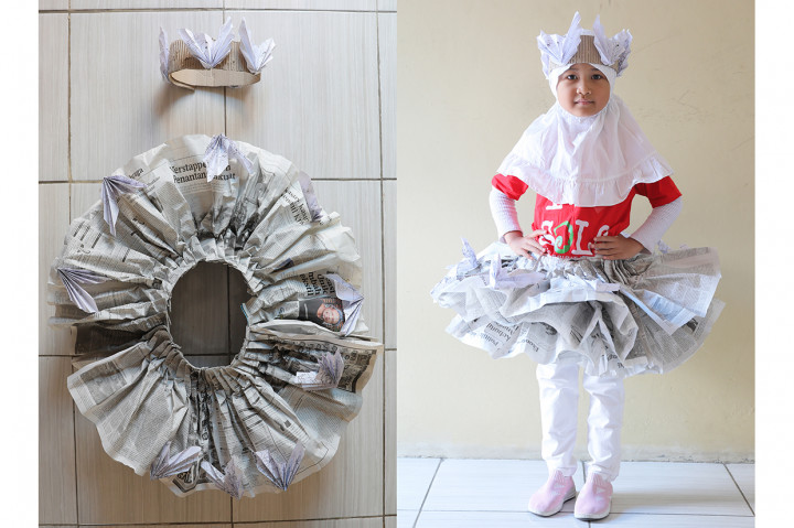 Nada Farah Maulida Adha (6), Gaun kreasi menggunakan koran, kardus dan buku bekas. 