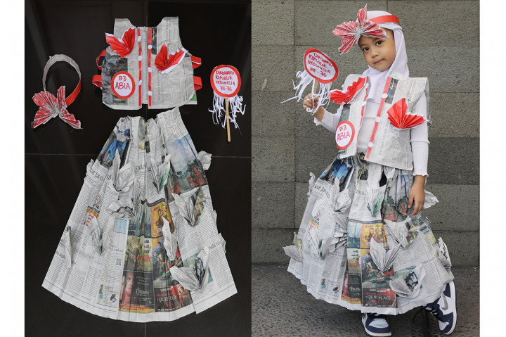 Abia Katya Laksana (5), Gaun kreasi menggunakan koran bekas. 