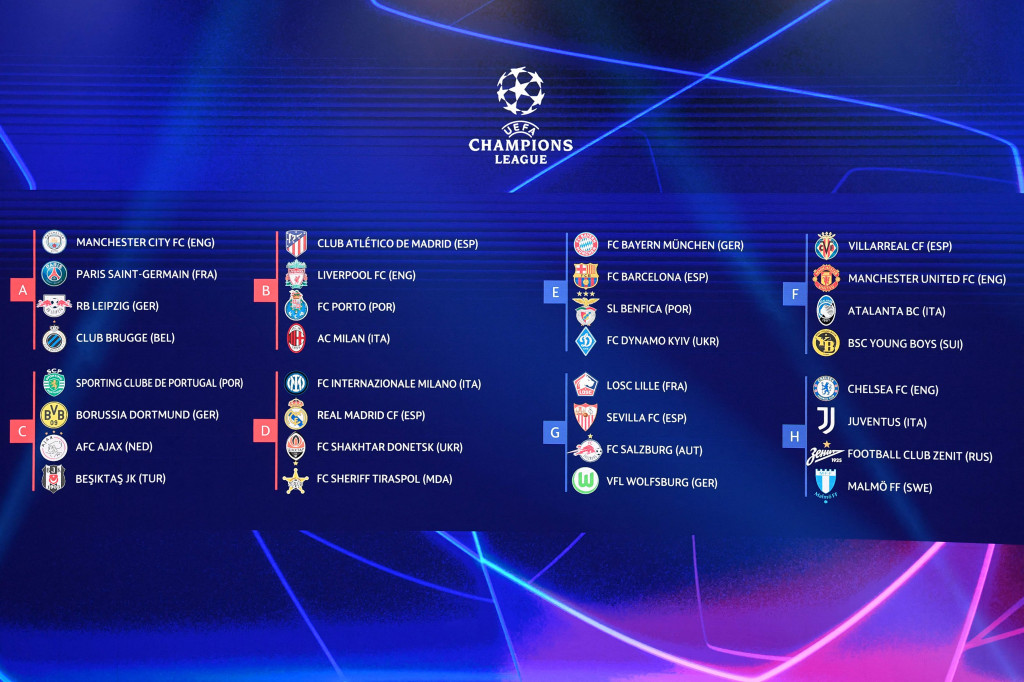Gambar menunjukkan undian lengkap turnamen sepak bola Liga Champions UEFA 2021/2022 di Istanbul pada 26 Agustus 2021.