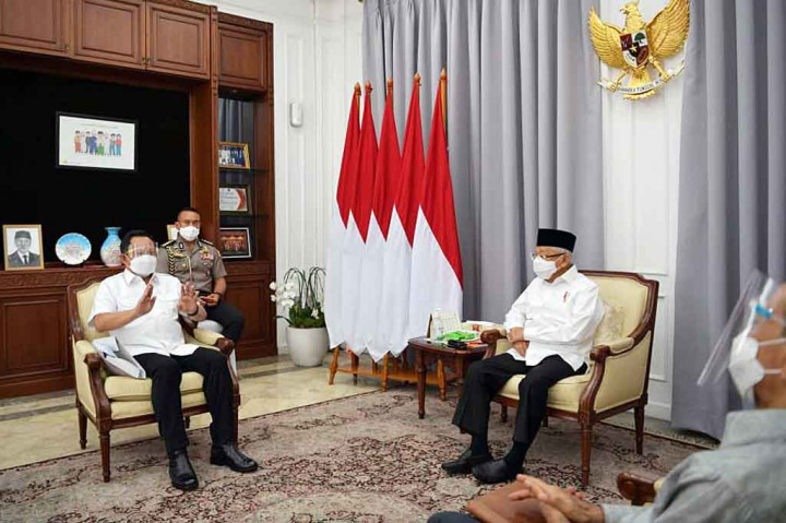 Wakil Presiden Ma'ruf Amin menerima Menteri Dalam Negeri Tito Karnavian di rumah dinas Wapres, Menteng, Jakarta, Senin, 30 Agustus 2021. Wapres memanggil Mendagri untuk membahas draf Peraturan Pemerintah (PP) turunan UU Nomor 2 Tahun 2021 tentang Perubahan Kedua atas UU Nomor 21 Tahun 2001 tentang Otonomi Khusus bagi Provinsi Papua.