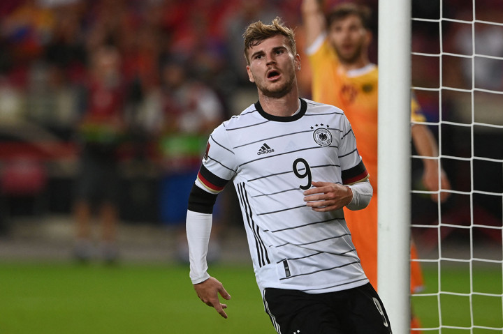 Timo Werner melakukan selebrasi usai mencetak gol ke gawang Armenia dalam lanjutan Kualifikasi Piala Dunia 2022.