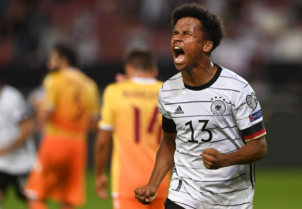Karim Adeyemi melakukan selebrasi usai mencetak gol ke gawang Armenia dalam lanjutan Kualifikasi Piala Dunia 2022.