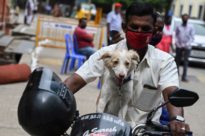Seorang pria tiba dengan sepeda motor untuk menyuntik anjing peliharaannya dengan dosis vaksin antirabies pada kesempatan HHari Rabies Sedunia di Rumah Sakit Universitas Hewan Tamil Nadu, Chennai, Rabu, 29 September 2021.