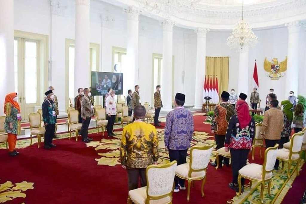 Presiden Joko Widodo (Jokowi) membuka Asosiasi Pemerintah Kabupaten Seluruh Indonesia (Apkasi) Otonomi Expo tahun 2021 di Istana Kepresidenan Bogor, Rabu, 20 Oktober 2021.