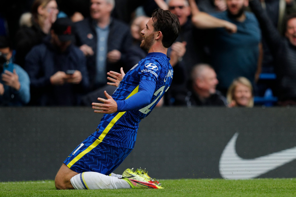 Ben Chilwell melakukan selebrasi usai mencetak gol ke gawang Norwich City pada pekan kesembilan Liga Inggris 2021-2022 di Stadion Stamford Bridge, London, Sabtu, 23 Oktober 2021.