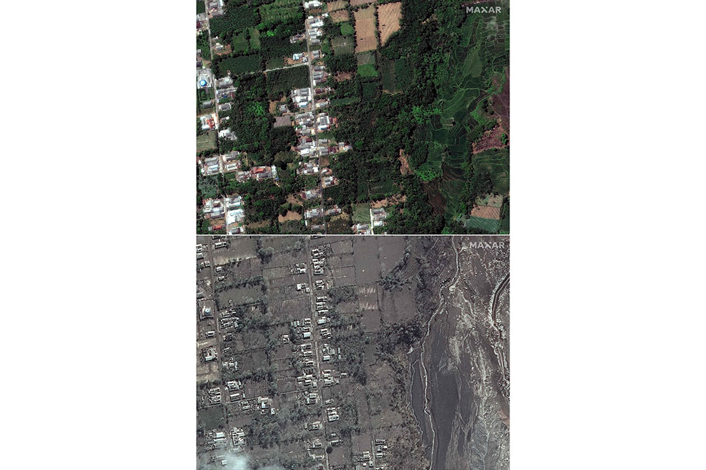 Kombinasi gambar dari citra satelit yang dirilis oleh Maxar Technologies dan dibuat pada 8 Desember 2021 menunjukkan pemandangan rumah-rumah warga di Desa Curah Roboan, Kecamatan Pronojiwo, Kabupaten Lumajang, Jawa Timur, pada 15 November 2019 (atas) sebelum letusan Gunung Semeru, dan pascaerupsi pada 8 Desember 2021 (bawah).