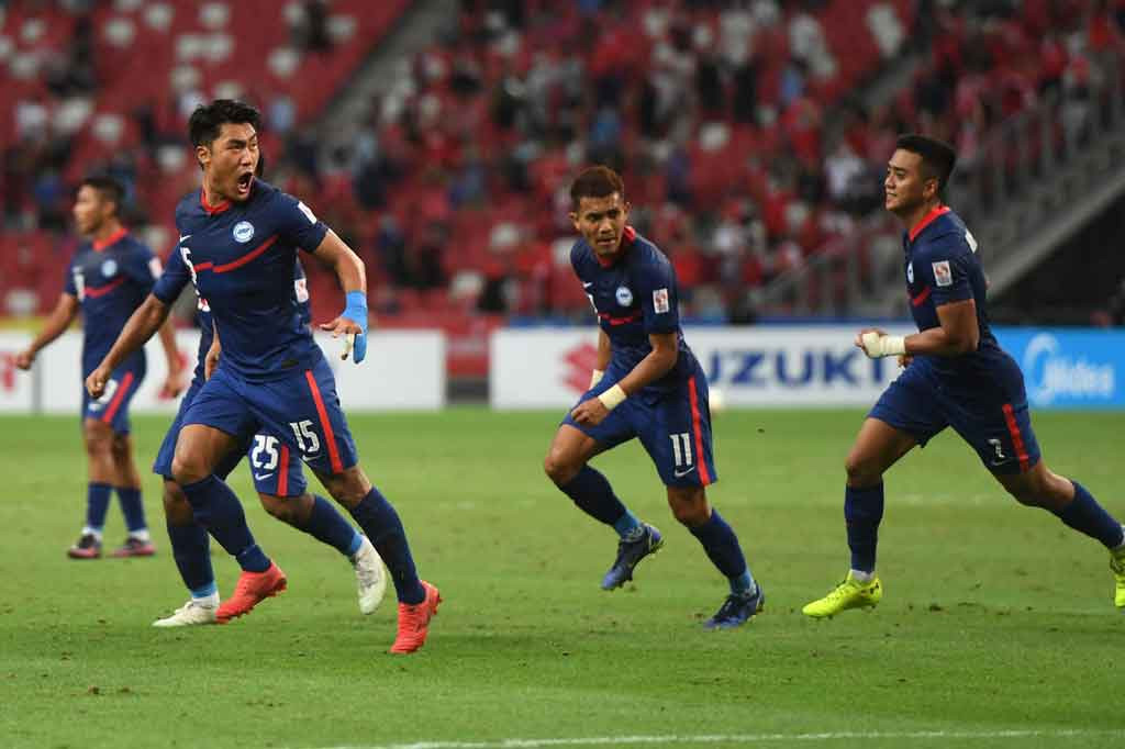 Song Uiyoung melakukan selebrasi usai menjebol gawang Indonesia.