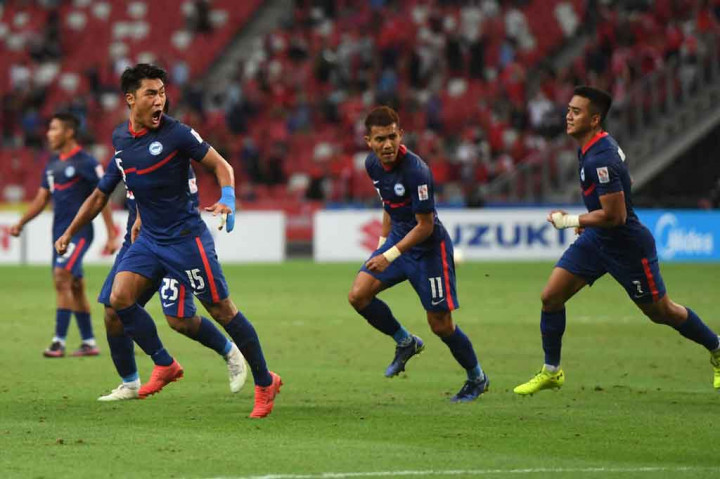 Song Uiyoung melakukan selebrasi usai menjebol gawang Indonesia.