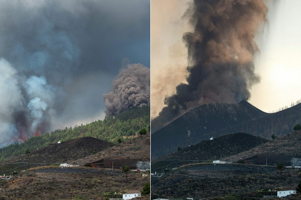 Kombinasi file gambar yang dibuat pada 25 September 2021 ini menunjukkan gunung berapi Cumbre Vieja pada 19 September 2021 (kiri), hari meletusnya, dan area yang sama yang digambarkan pada 25 September 2021 (kanan), yang dilihat dari Los Llanos de Aridane di pulau Canary La Palma.