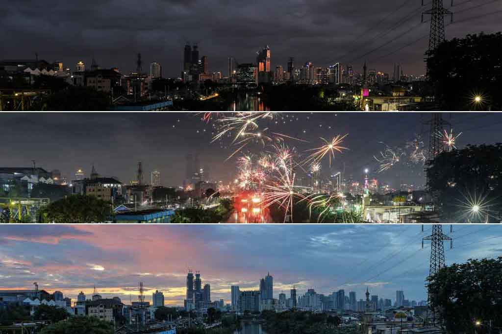 Foto kombo Suasana kota Jakarta saat matahari terbenam di penghujung tahun 2021 (atas), saat malam pergantian tahun baru 2022 (tengah) dan saat matahari terbit di tahin 2022 dari kawasan Tomang, Jakarta, Sabtu, 1 Januari 2022.