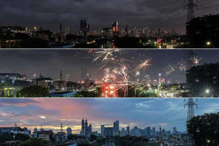Foto kombo Suasana kota Jakarta saat matahari terbenam di penghujung tahun 2021 (atas), saat malam pergantian tahun baru 2022 (tengah) dan saat matahari terbit di tahin 2022 dari kawasan Tomang, Jakarta, Sabtu, 1 Januari 2022.