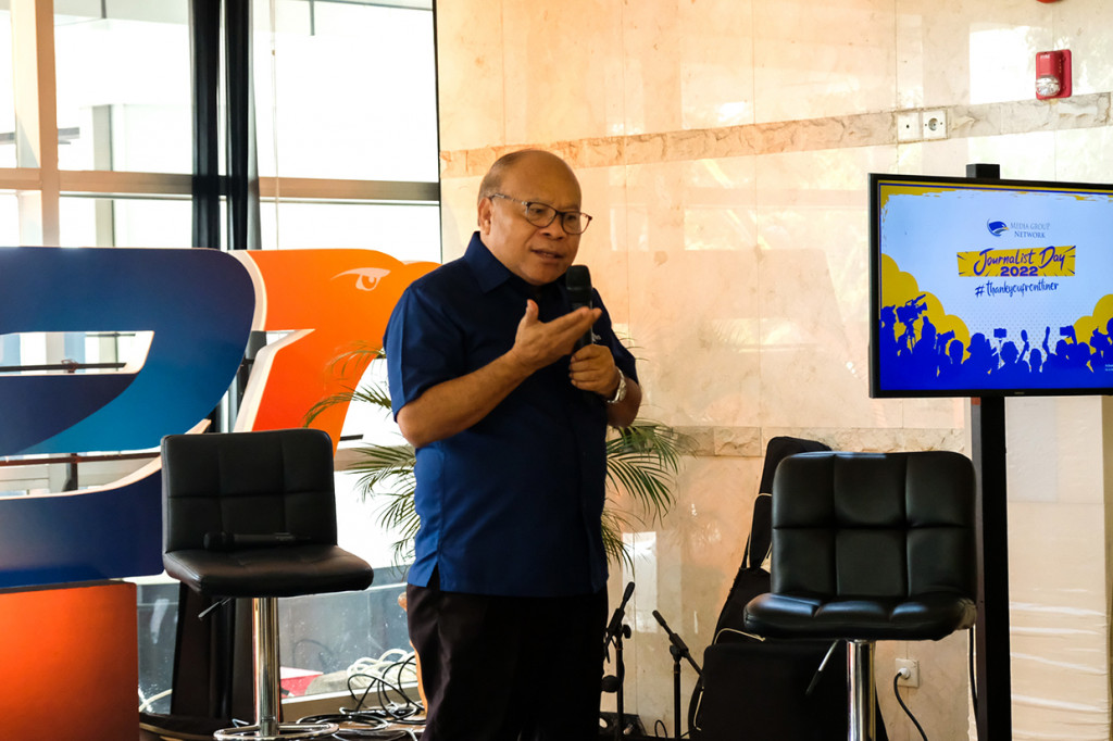 Presiden Direktur Metro TV, Don Bosco Selamun memberikan sambutan dalam acara Journalist Day 2022 di Kompleks Media Group, Jakarta, Kamis, 17 Maret 2022.