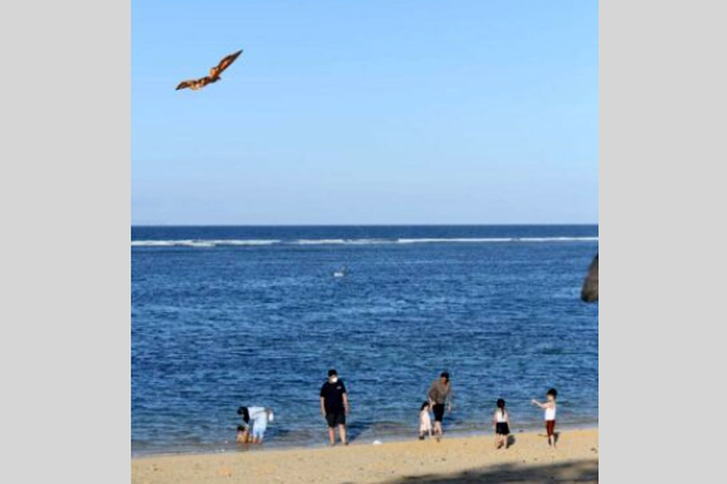 Tak hanya bermain air, Presiden Jokowi juga menerbangkan layangan burung berwarna biru bersama Panembahan. Selain itu, Kepala Negara juga menemani Jan Ethes bermain bola dengan Sedah Mirah yang bermain pasir di dekatnya.