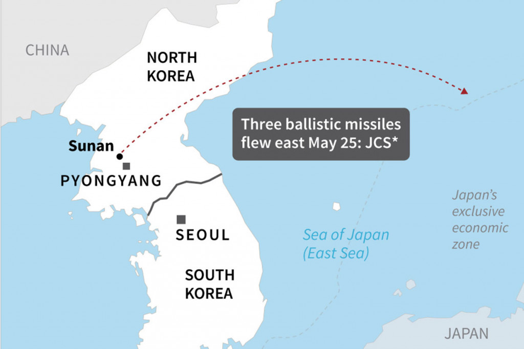 Kepala staf gabungan Korea Selatan mengatakan peluncuran ketiga peluru kendali balistik itu ditembakkan ke udara dalam waktu kurang dari satu jam dari kawasan Sunan di ibu kota Korut, Pyongyang.