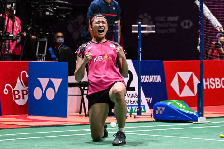 Selebrasi An Se Young usai menundukkan Gregoria di semifinal Malaysia Masters.