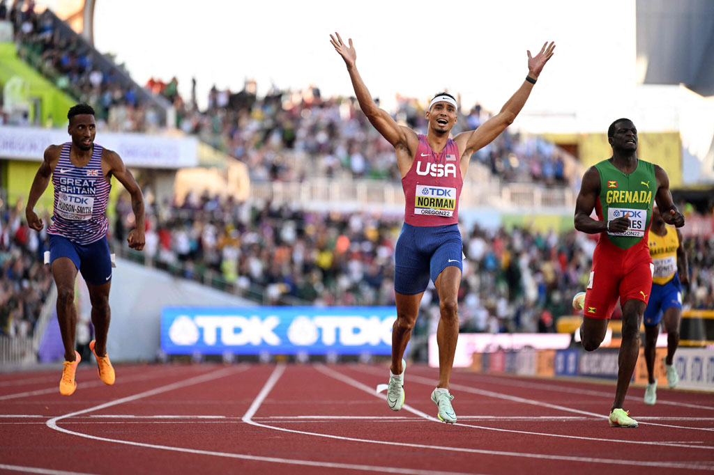 Sprinter Amerika Serikat Michael Norman berhasil merebut emas lari 400m di Kejuaraan Dunia Atletik 2022, di Eugene, Oregon, Sabtu, 23 Juli 2022 WIB.