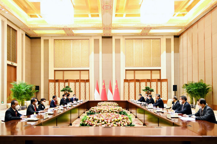 Presiden Xi dalam sambutannya mengucapkan selamat datang dan menyampaikan kegembiraannya dapat bertemu langsung dengan Presiden Jokowi. 