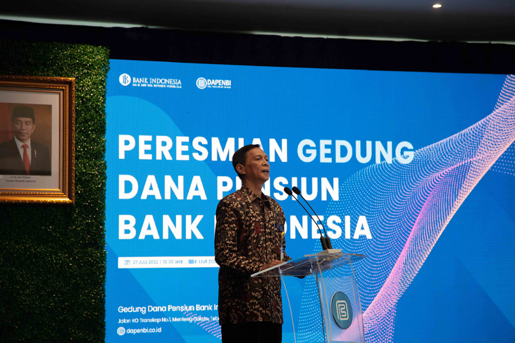 Direktur Utama Dana Pensiun Bank Indonesia (DAPENBI) Budianto menyampaikan kata sambutan dalam acara peresmian Graha DAPENBI di Jakarta Selatan, Rabu, 27 Juli 2022.
