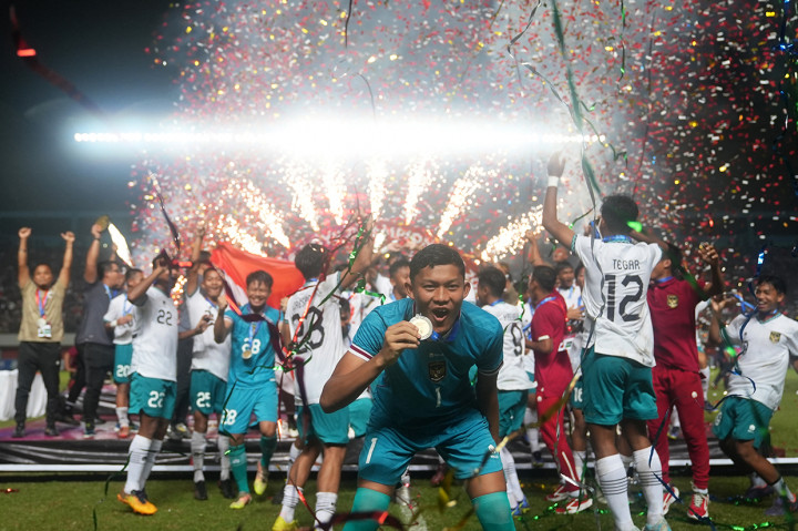 Selebrasi kemenangan Tim U-16 Indonesia di Stadion Maguwoharjo, Sleman, D.I Yogyakarta, Jumat, 12 Agustus 2022. 