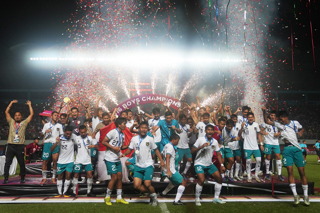 Selebrasi kemenangan Tim U-16 Indonesia di Stadion Maguwoharjo, Sleman, D.I Yogyakarta, Jumat, 12 Agustus 2022. 