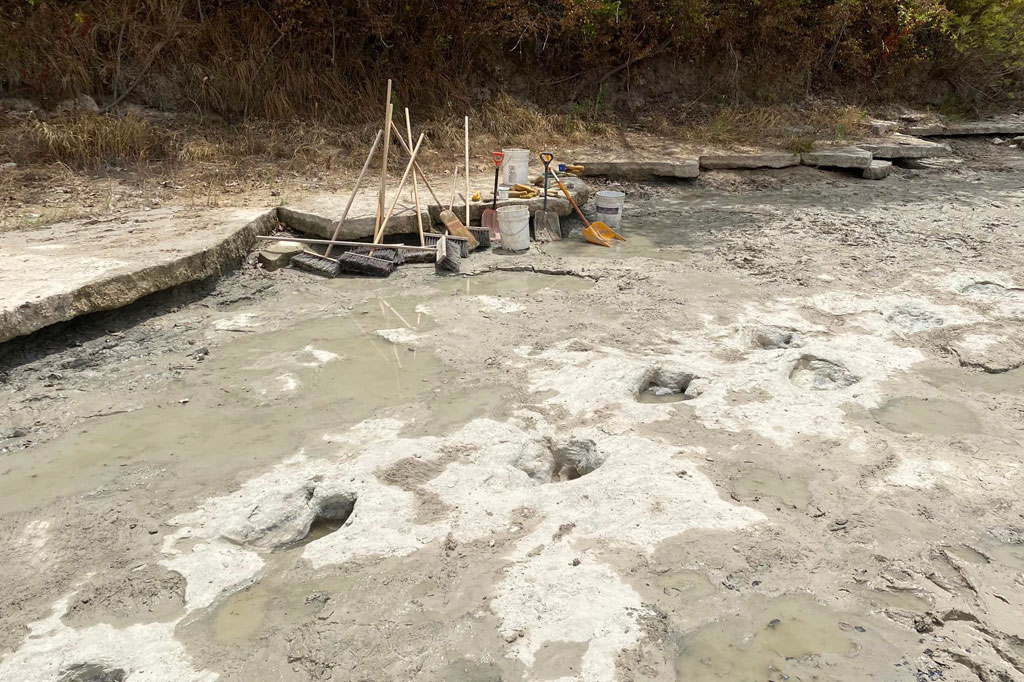 Foto-foto yang diposting di Facebook menunjukkan jejak kaki tiga jari yang mengarah ke dasar sungai dengan deretan pohon kering di kiri-kanannya, di negara bagian AS selatan.  