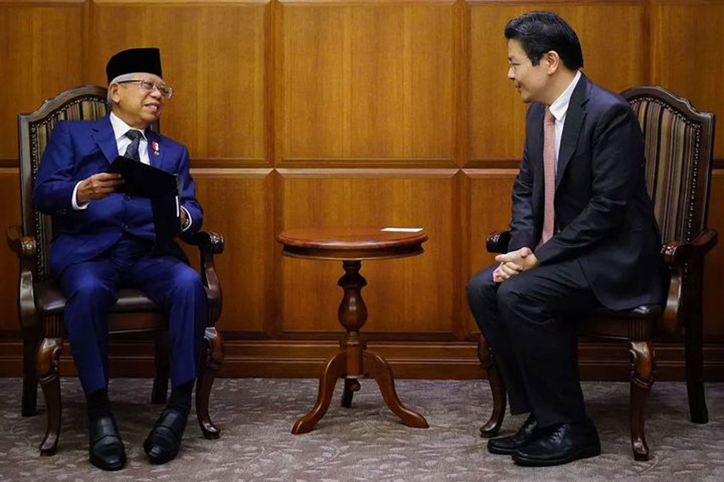 Wakil Presiden RI Ma'ruf Amin dan Wakil Perdana Menteri Singapura Lawrence Wong melakukan pertemuan di Parliament Of Singapore, Singapura, Selasa, 18 Oktober 2022. Keduanya membahas penguatan kerja sama ekonomi kedua negara. 