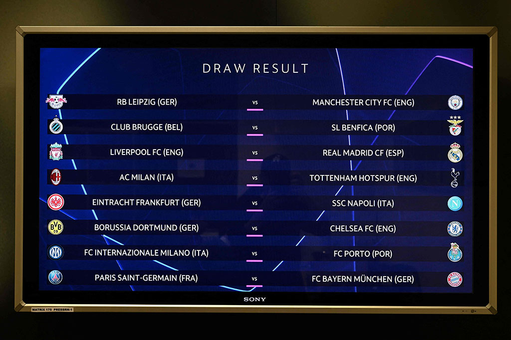 Berikut hasil undian 16 besar Liga Champions selengkapnya: Liverpool vs Real Madrid, Paris Saint Germain vs Bayern Muenchen, Leipzig vs Manchester City, Eintracht Frankfurt vs Napoli, Inter Milan vs Porto, Club Brugger vs Benfica, AC Milan vs Tottenham Hotspur, Borussia Dortmund vs Chelsea.
