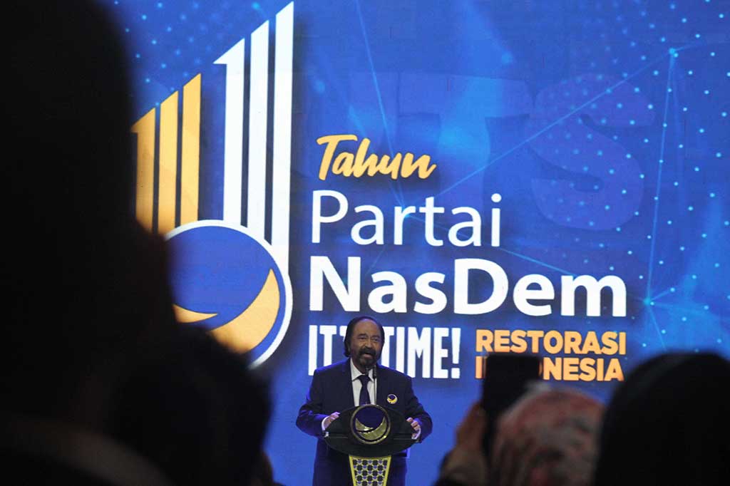Ketua Umum Partai NasDem Surya Paloh menyampaikan pidato politiknya dalam Perayaan HUT ke-11 Partai NasDem di Jakarta, Jumat, 11 November 2022. HUT ke-11 mengangkat tema 