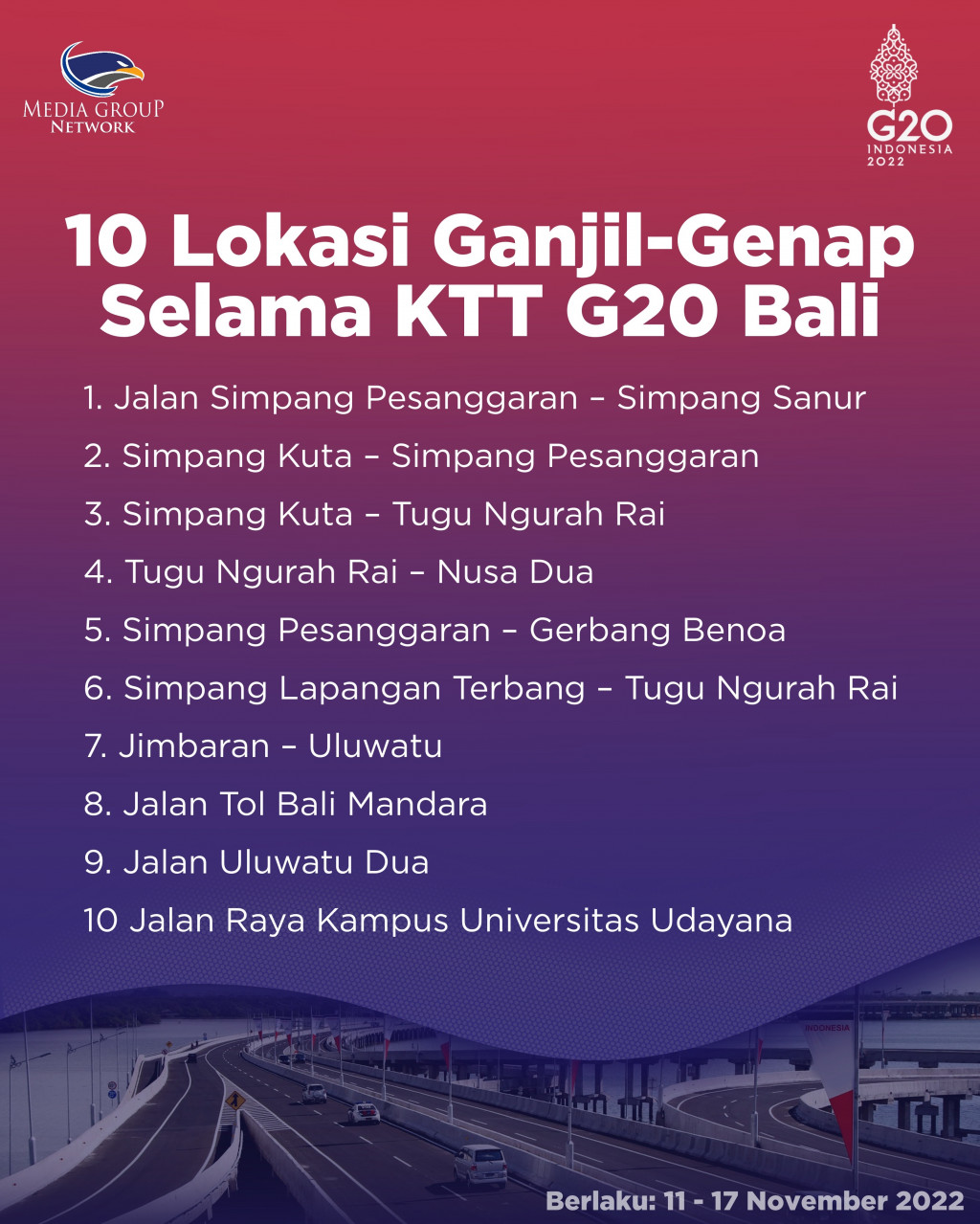 10 Titik Ganjil Genap Selama KTT G20 Bali