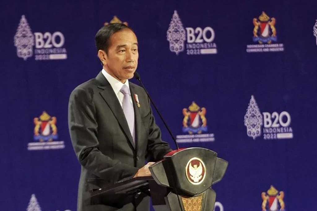Presiden Joko Widodo menyampaikan pidato kunci pada penutupan pertemuan B20 atau B20 Summit, di Bali Nusa Dua Convention Center (BNDCC), Kabupaten Badung, Bali, Senin, 14 November 2022.