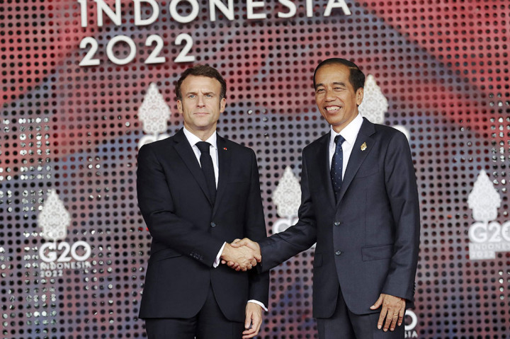 Jokowi sambut Presiden Prancis Emmanuel Macron.