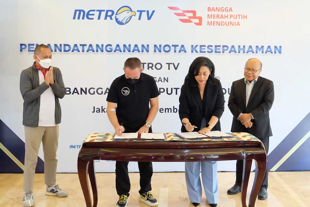 MetroTV melakukan penandatanganan nota kesepahaman (MoU) dengan PT Bangga Merah Putih Mendunia di Gedung Media Group Network (MGN), Kedoya, Jakarta Barat, Jumat, 18 November 2022.
