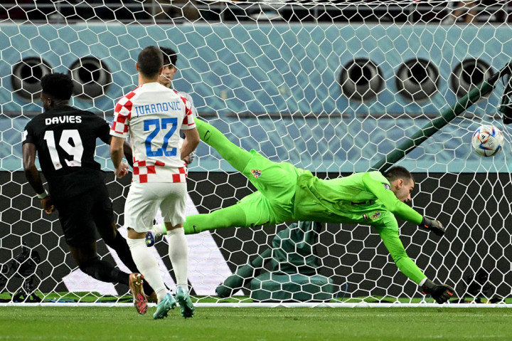 Gol Alphonso Davies dicetak lewat tandukan saat menyambut umpan silang Tajon Buchanan untuk menjebol gawang Kroasia yang dijaga Dominik Livakovic.