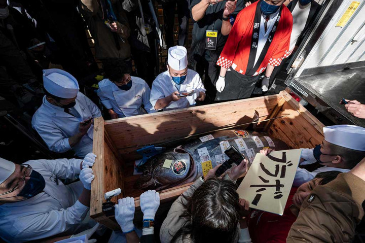 Sebuah peti berisi tuna sirip biru yang dibeli pada hari sebelumnya seharga lebih dari USD270 ribu (setara Rp4,2 miliar) pada lelang tuna pertama di Tahun Baru, diturunkan di luar toko utama Sushi Ginza Onodera di Omotesando, Tokyo pada Kamis, 5 Januari 2023.