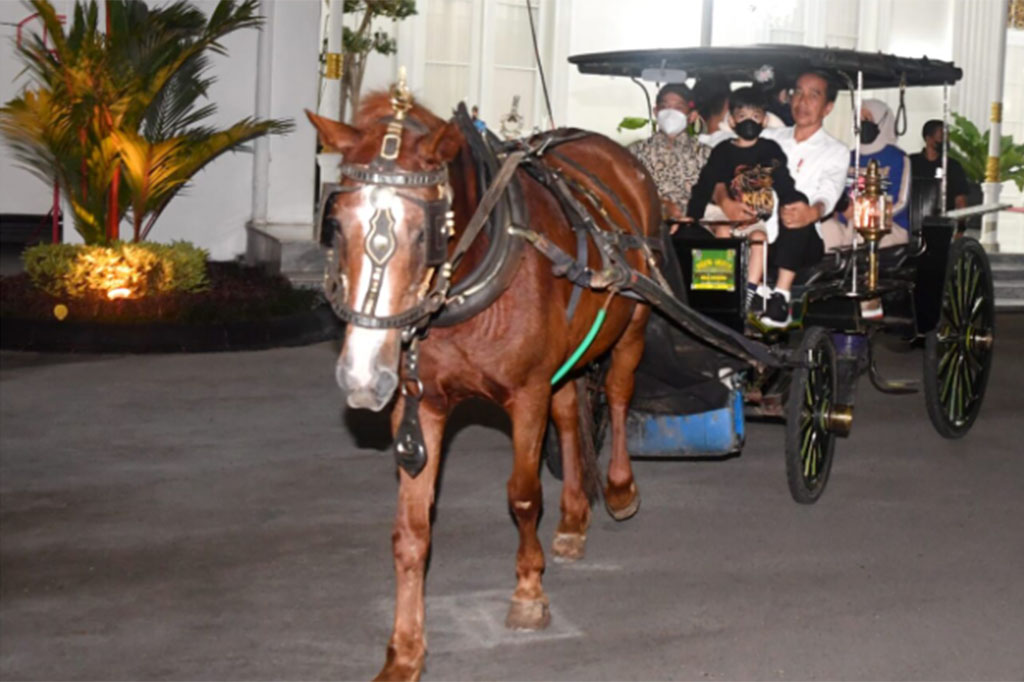 Jokowi bersama Ibu Negara Iriana Jokowi, Gibran Rakabuming Raka, menantunya Selvi Ananda, serta kedua cucu Jan Ethes Srinarendra dan La Lembah Manah, tiba di Jalan Malioboro sekira pukul 21.00 WIB menumpangi andong berwarna hitam dari Gedung Agung.