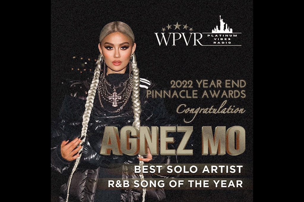 Penyanyi Agnez Mo memenangi penghargaan untuk dua kategori di WPVR 2022 Year-End Pinnacle Awards, yaitu artis solo terbaik (best solo artist) dan lagu R&B terbaik tahun ini (R&B song of the year) untuk 'Patience'.