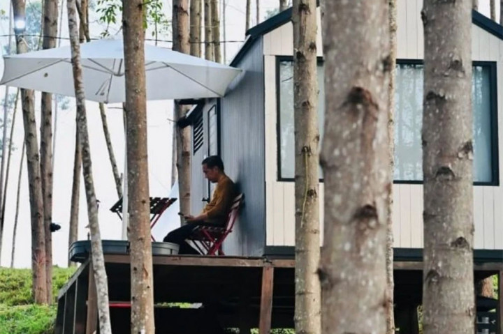 Jokowi duduk sendiri sambil memperhatikan telepon genggam. 