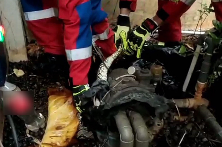 Petugas akhirnya menemukan ular tersebut tengah bersembunyi di dekat mesin pompa air. Petugas pun berupaya mengevakuasi ular tersebut.