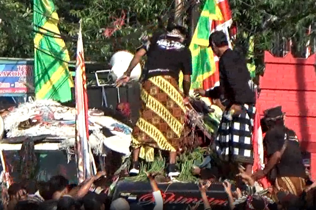 Dalam hanya hitungan menit, seluruh hasil bumi yang diarak tersebut ludes. Hasil bumi yang sebelumnya ditata rapi itu, tinggal menyisakan kerangka bambu saja.