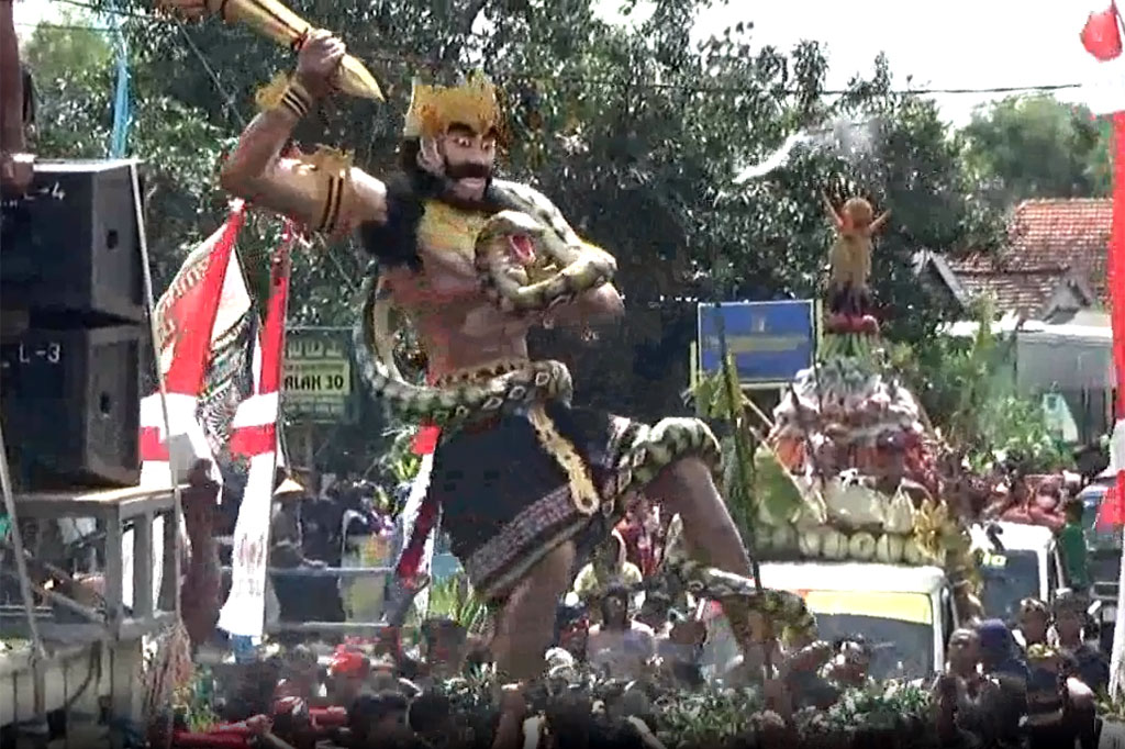 Dalam pawai budaya nusantara, hasil bumi itu diarak dari balai desa, menuju makam keramat desa setempat. Peserta pawai budaya juga mengenakan berbagai baju adat nusantara.